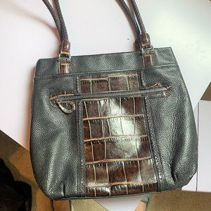 BRIGHTON  Black & Brown Leather Bag W. Croco Trim